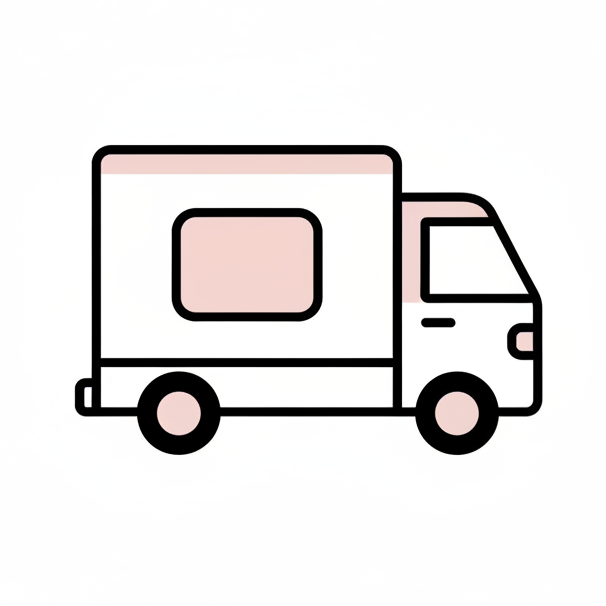 A minimalistic, stylized delivery truck icon, flat design with thin black outline, subtle blush pink accents, elegant and modern, transparent background, simple and clean, vector-style, Shopify-ready.
