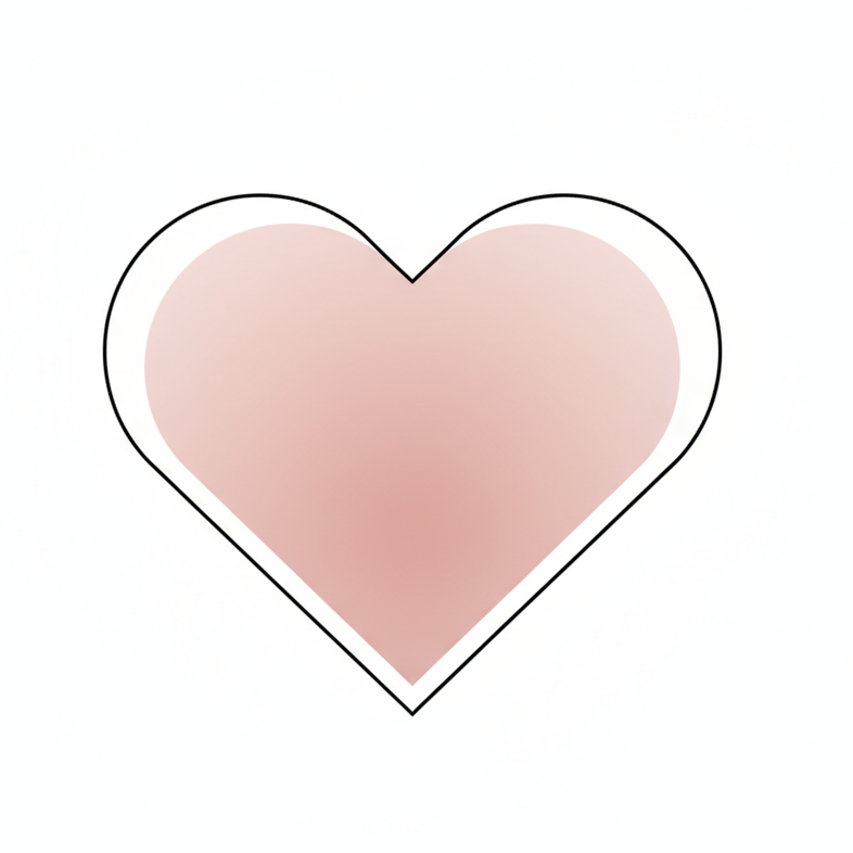 A minimalistic, stylized heart icon, flat design with thin black outline, soft blush pink details, elegant and friendly style, transparent background, simple and clean, vector-style, Shopify-ready.
