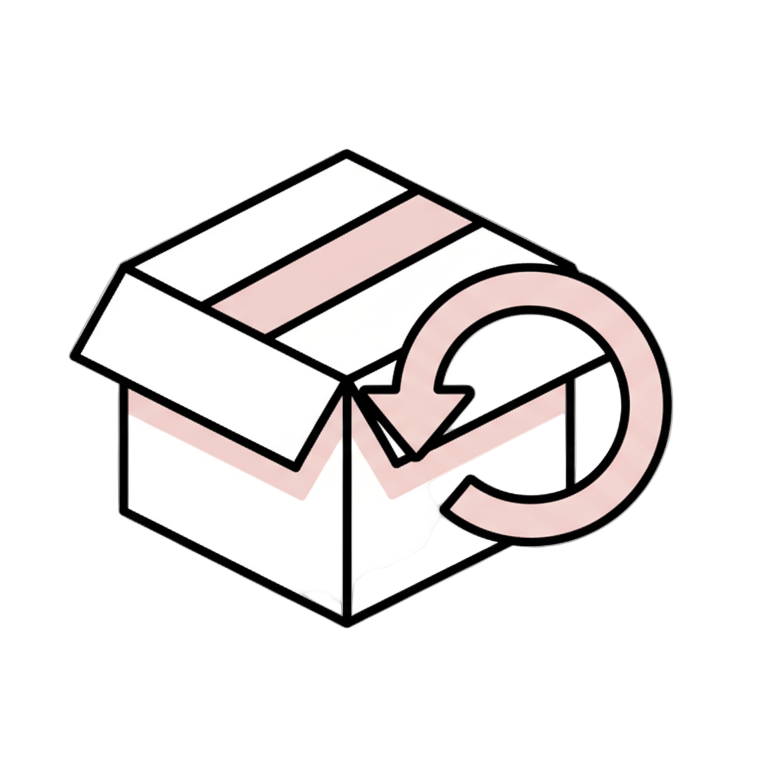 A minimalistic, stylized package/box icon representing easy returns, flat design with thin black outline, subtle blush pink accents, clean and modern, transparent background, vector-style, Shopify-ready.
