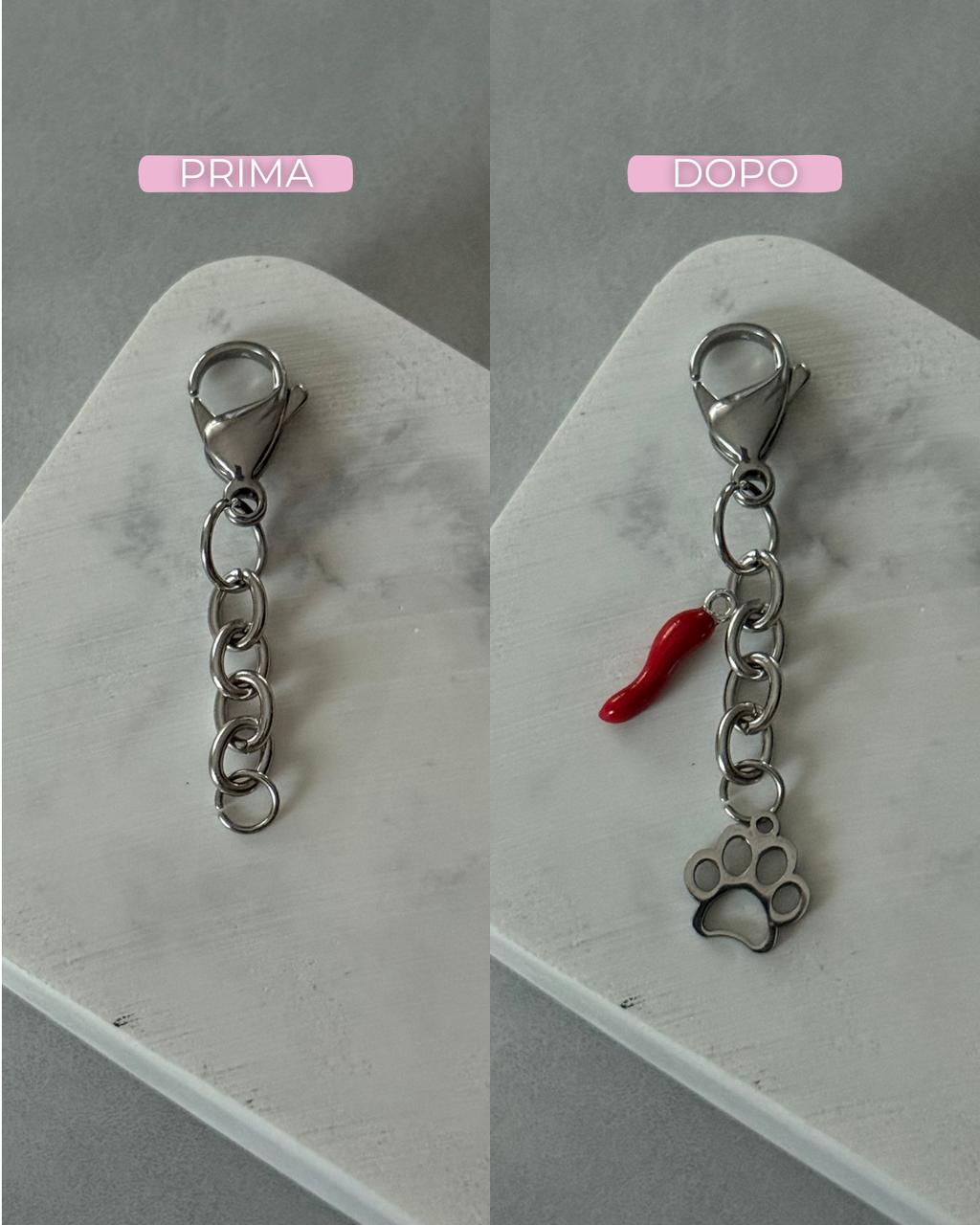 Esempio con ciondoli in argento e acciaio.