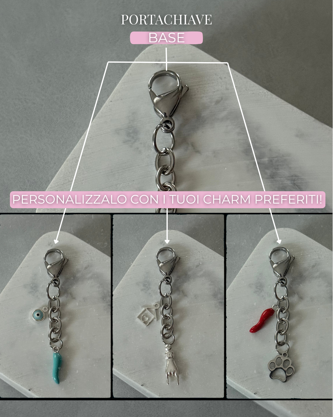 Primo piano su base e agganci dei ciondoli.